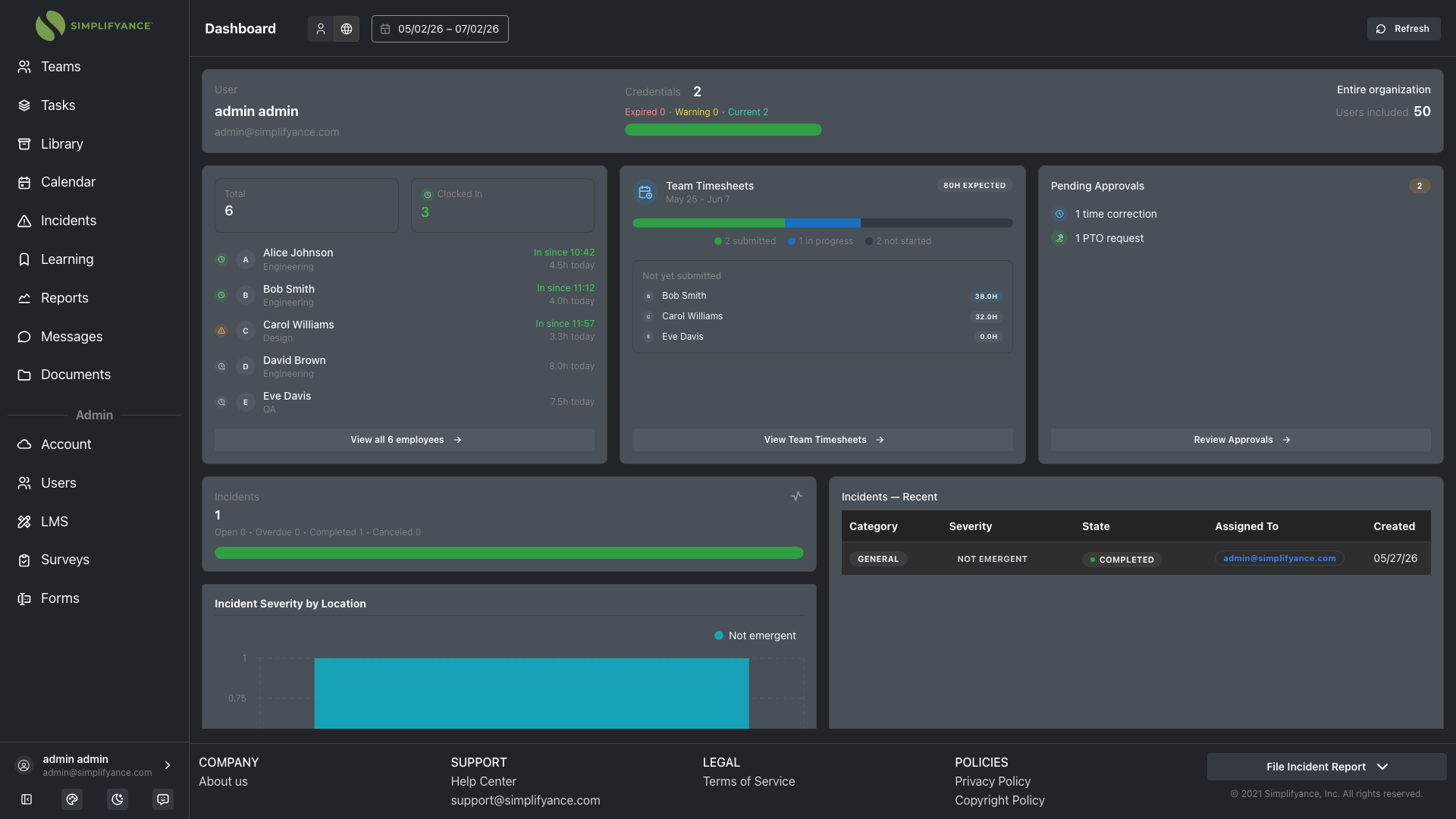 Simplifyance compliance dashboard showing tasks, incidents, and training at a glance